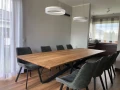 Bangor dining table with oak top, 40 degree edge, with extensions