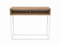Industrial console table with an open shlef - Metropolis; white frame, cabinet color: Natural Hickory; a cut in the frame for the skirting board