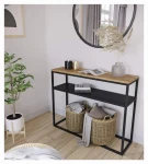 Industrial console table with and oak top and metal shelf - Detroit