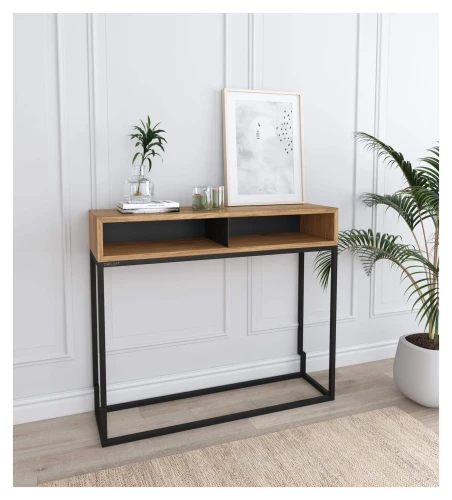 Industrial console table with an open shlef - Metropolis; black frame, cabinet color: Natural Hickory; a cut in the frame for the skirting board