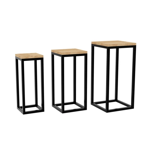 A set of loft style flower stands - Floral; black frame, laminated top: ancient oak