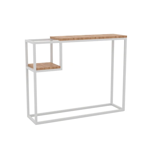 Dębowa konsola z małą półką Tres, stelaż biały