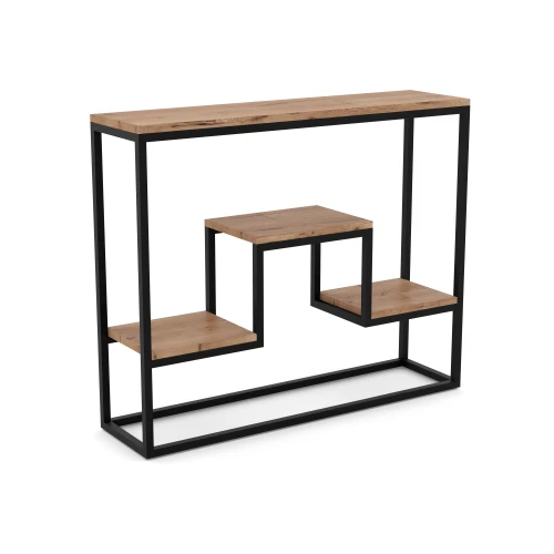 Dębowa konsola z półkami Larisa, stelaż czarny
