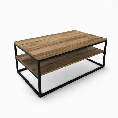 Industrial coffee table with a shelf - Newtown; black frame, Ancient Oak table top