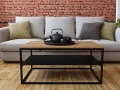 Industrial custom-made coffee table with a metal shelf -Trenton, black frame, top: ancient oak