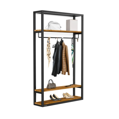 Regał do przedpokoju z półkami i relingiem na wymiar - Cabeza, blaty dąb pradawny, czarny stelaż