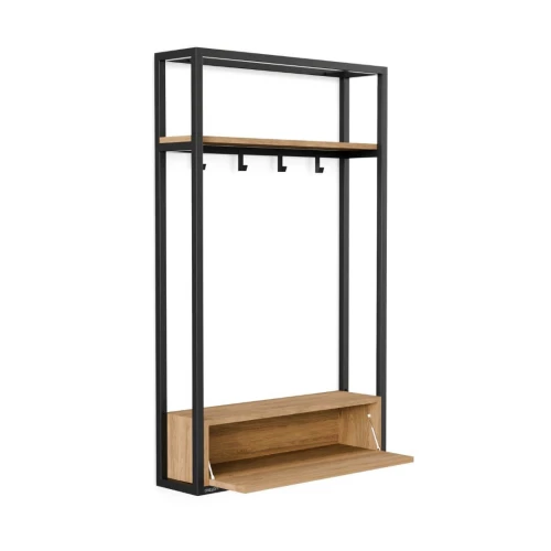 Regał do przedpokoju z szafką i haczykami, na wymiar - Canttar, szafka hikora naturalna, czarny stelaż