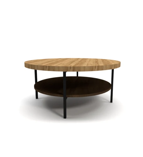 Industrialny stolik kawowy Macondo, czarny stelaż, blaty kolory mieszane; blat śr. 100 cm, gr. 36 mm